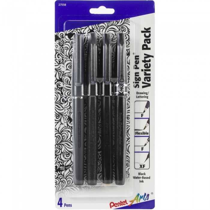 Pentel Arts Sign Pen W/Fiber Tip Variety Pack 4/Pkg