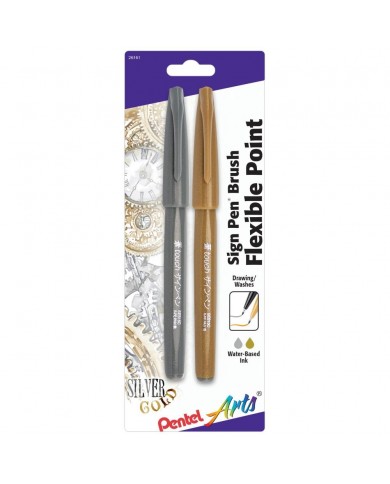 Pentel Arts Sign Pens With Brush Tip 2/Pkg Gold and Silver