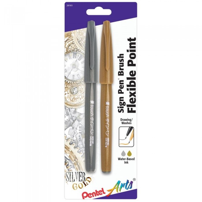 Pentel Arts Sign Pens With Brush Tip 2/Pkg Gold and Silver