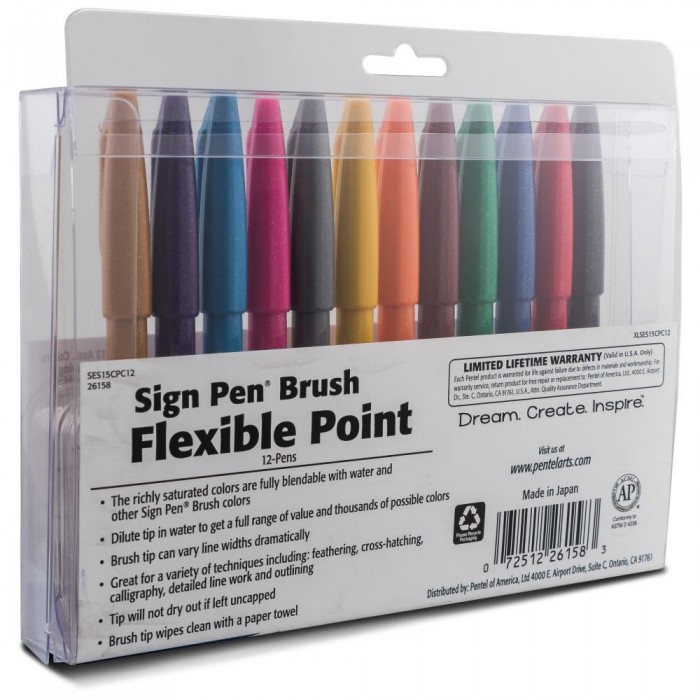 Pentel Arts Sign Pens Brush Flexible Point x12