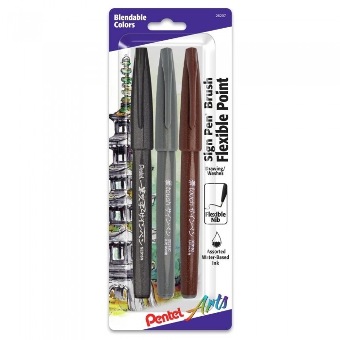 Pentel Arts Sign Pens With Brush Tip 3/Pkg