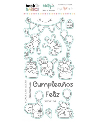 Sello y troquel coordinado Feliz Cumpleaños Back to Basics VVMT018024