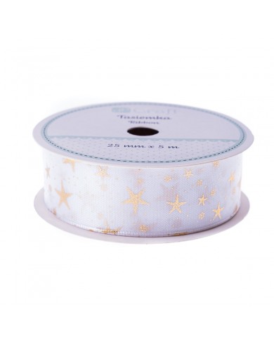 Cinta decorativa de raso White Christmas Stars ancho 2,5 cm x 5 metros