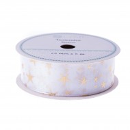 Cinta decorativa de raso White Christmas Stars ancho 2,5 cm x 5 metros