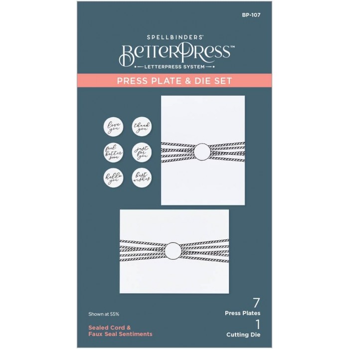 PRESS PLATE & DIE SET  SEALED CORD & FAUX SEAL SENTIMENTS  (BetterPress)