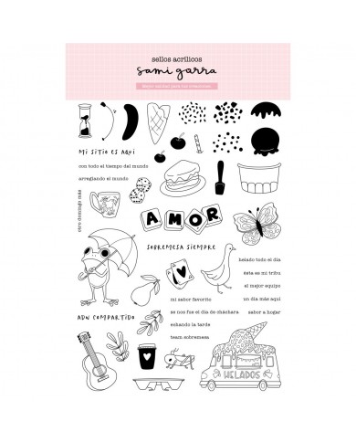 Set de 45 sellos de fotopolímero con ilustraciones y frases «Sobremesa» de Sami Garra con 4 hojas
