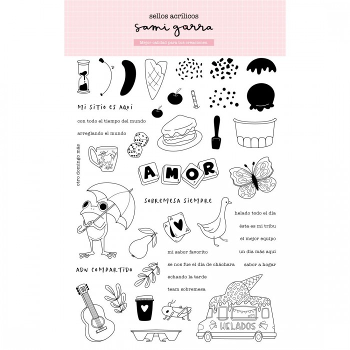 Set de 45 sellos de fotopolímero con ilustraciones y frases «Sobremesa» de Sami Garra con 4 hojas