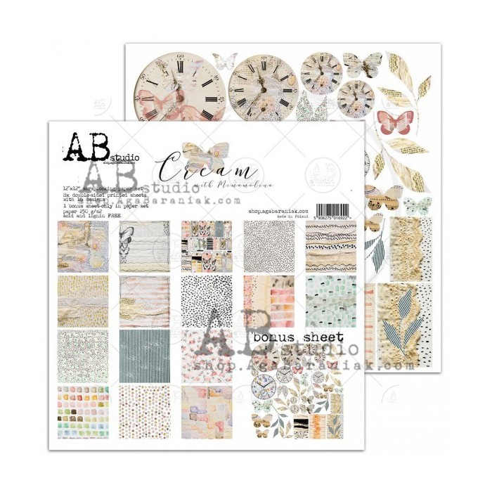 Colecciones de Papeles "Cream"- 8 papeles doble faz mas 1 hoja de recortablesABStudio 30x30+bonus page