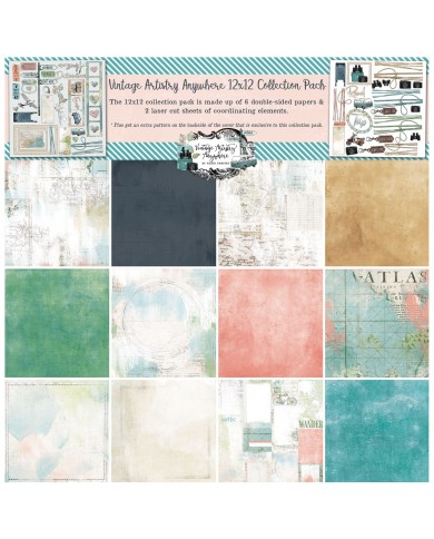 Colección de 6 Papeles + 2 hojas de Recortables Vintage Artistry Anywhere – 30x30cmts